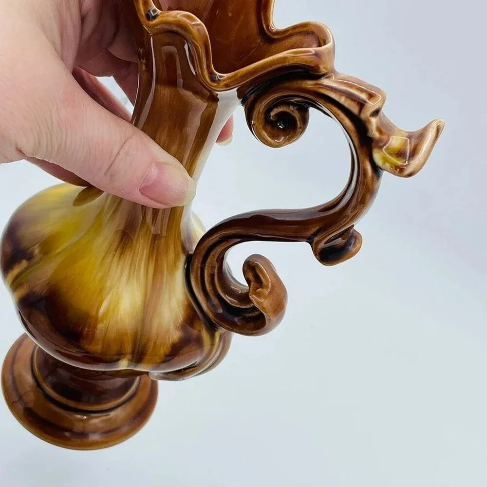 Vintage decorative drip glaze vase small pitcher w/ ruffled rim ornate handle